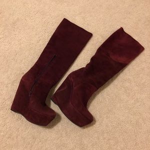 stuart weitzman suede long wedge boot in burgundy